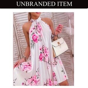 Elegant White and Pink Floral Halter Pleated Dress, NWOT